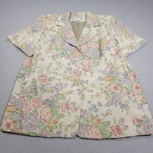 VTG Joan Leslie Floral Blazer 14P Short Sleeve Jacket Linen Blend Made In USA
